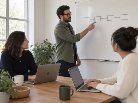Team lead walking colleagues through an onboarding timeline on a whiteboard